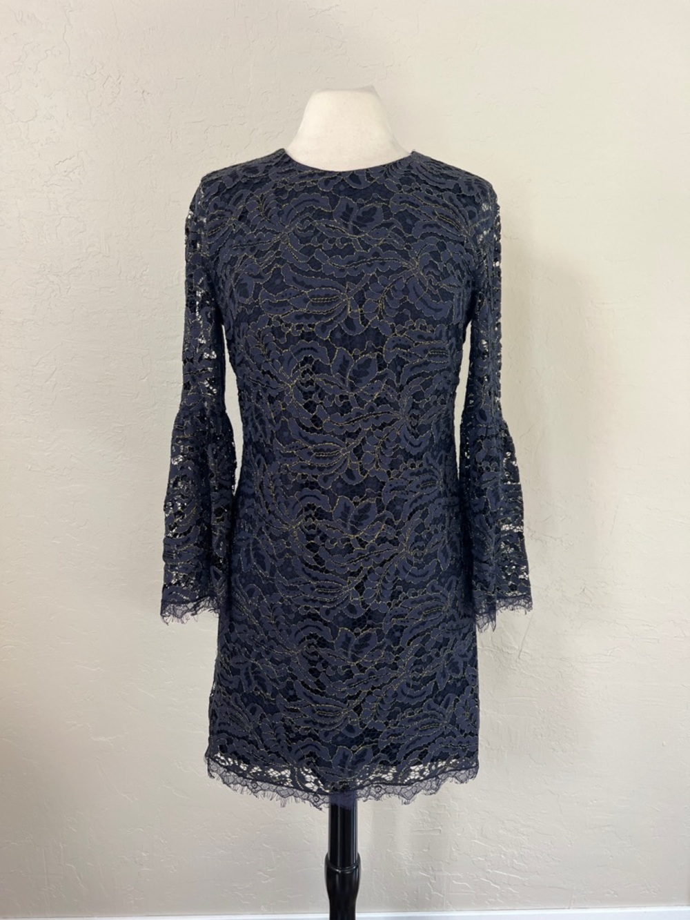 Dress The Population Paige Sheath Dress in a navy metallic lace pattern